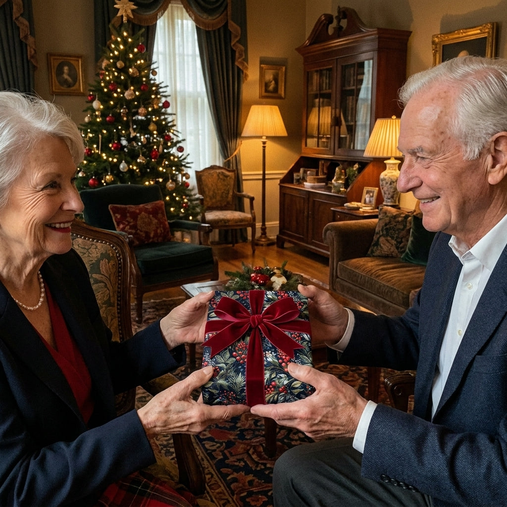 Floral Christmas gift wrap with a red velvet bow by Wrapped Studios, exchanged by a smiling senior couple.