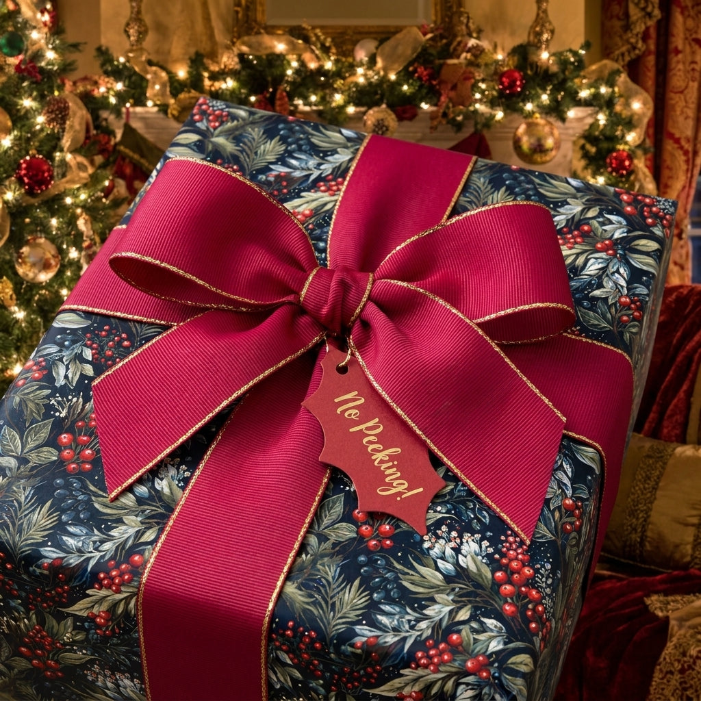 Navy botanical Christmas gift wrap with a large red bow and 'No Peeking' tag by Wrapped Studios.