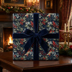 Luxury Christmas wrapping paper with botanical berry design and navy velvet bow by Wrapped Studios.