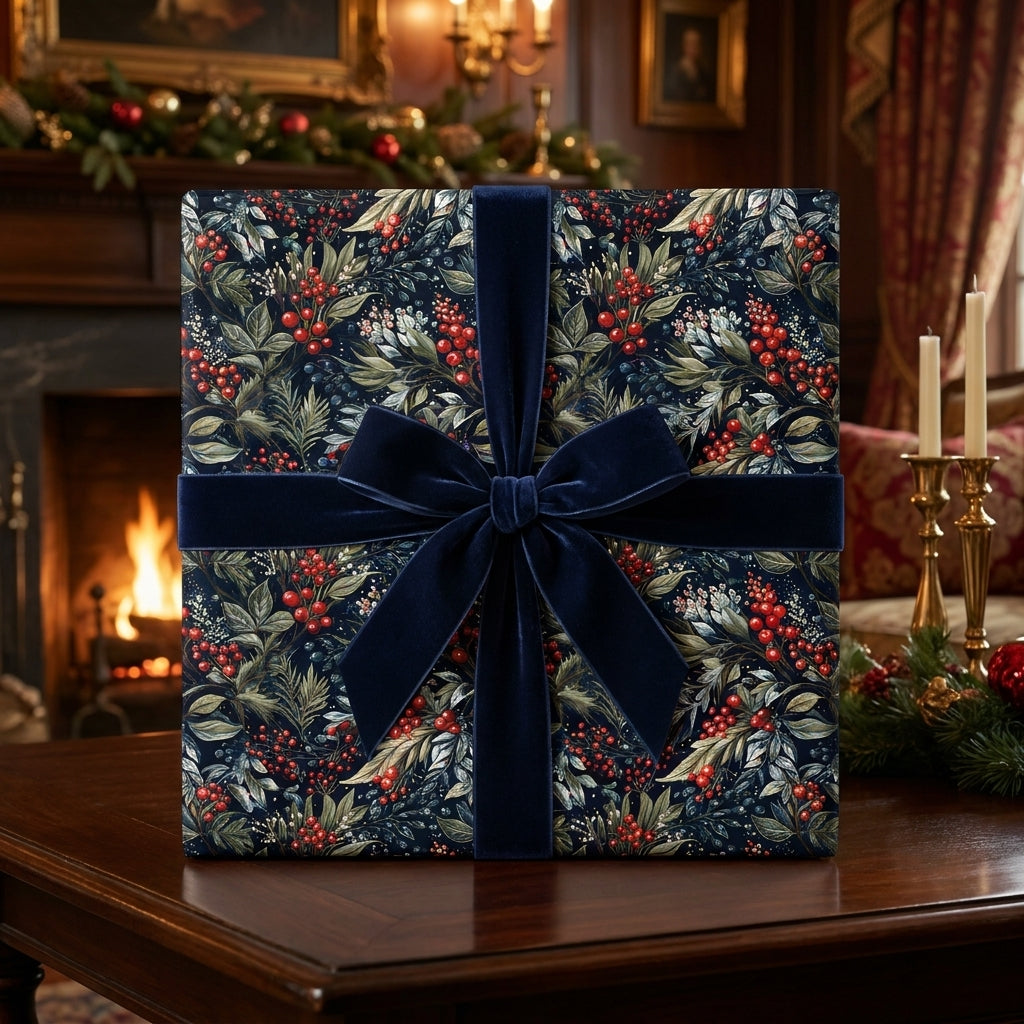 Luxury Christmas wrapping paper with botanical berry design and navy velvet bow by Wrapped Studios.