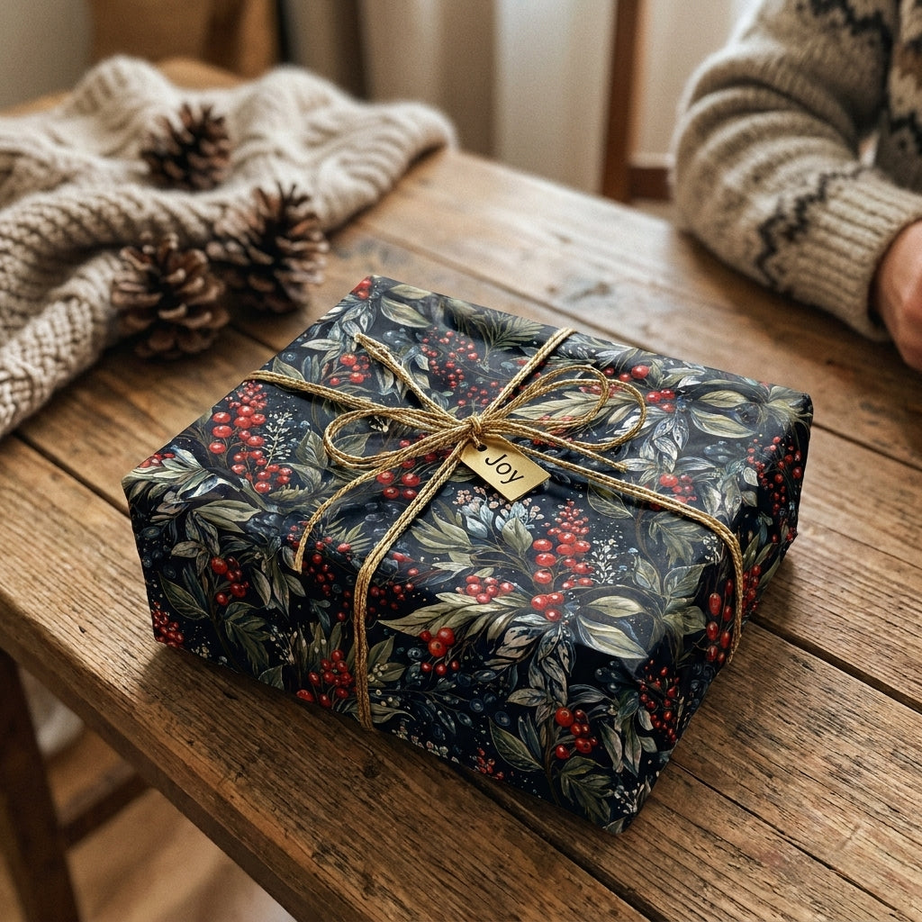 Luxury Christmas wrapping paper with botanical winter berry print and gold twine by Wrapped Studios.