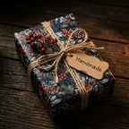 Botanical Christmas wrapping paper by Wrapped Studios on a rustic gift box with twine and a handmade tag.