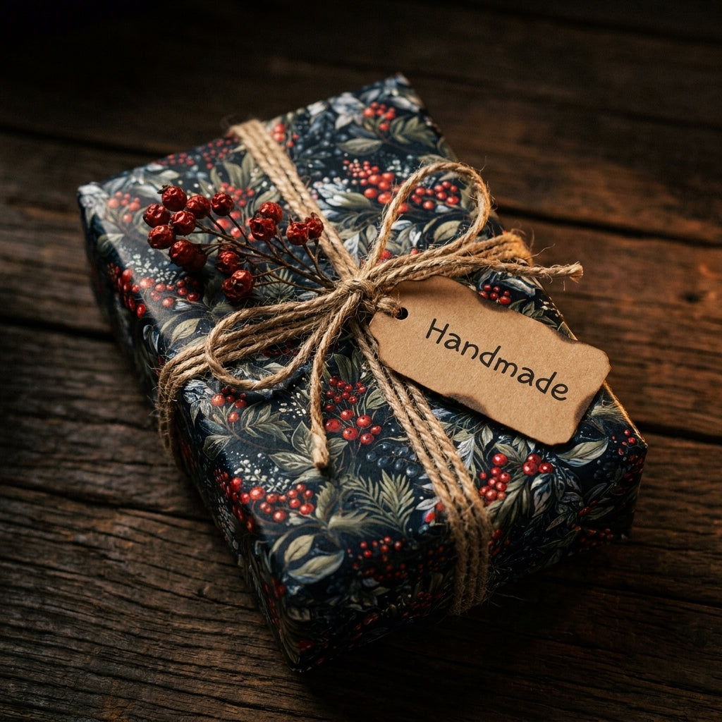 Botanical Christmas wrapping paper by Wrapped Studios on a rustic gift box with twine and a handmade tag.