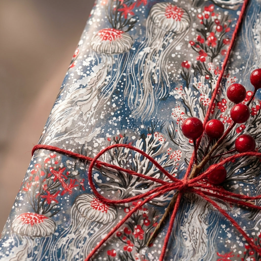 Jellyfish Christmas wrapping paper with red twine and winter berries, by Wrapped Studios.