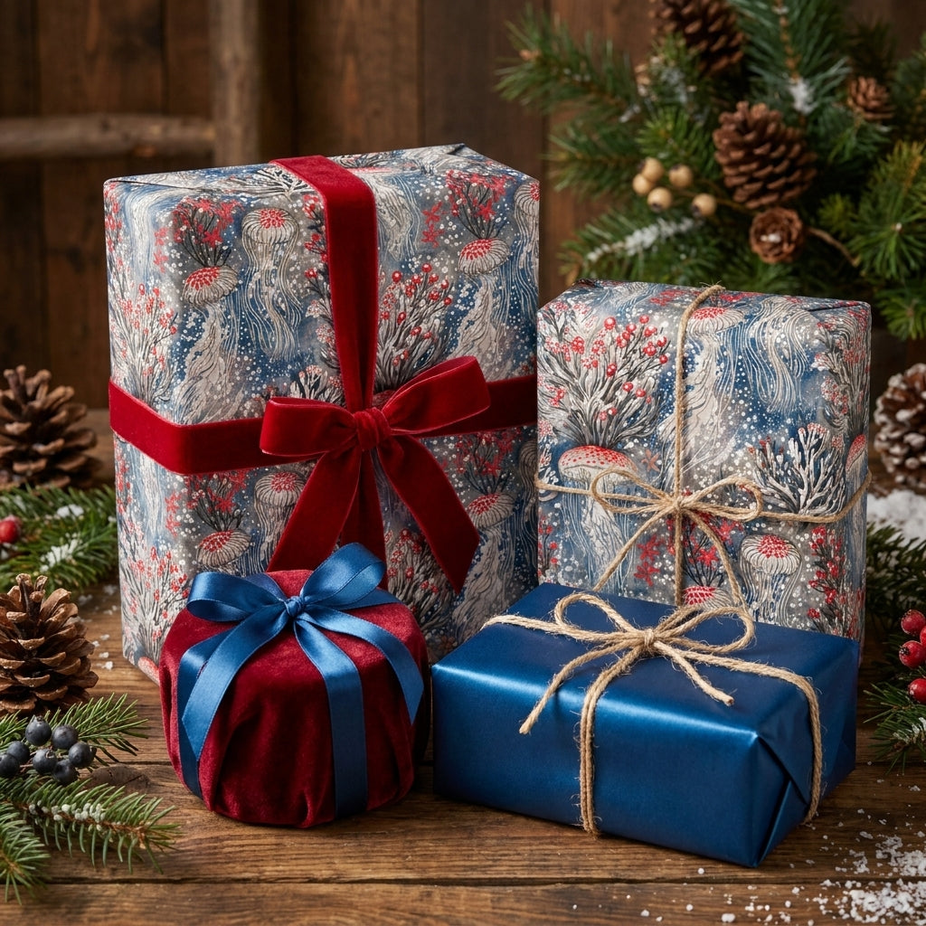 Luxury blue Christmas wrapping paper with whimsical botanical prints and red velvet bows by Wrapped Studios.