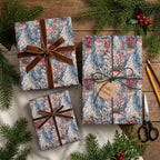 Whimsical blue Christmas gift wrap with velvet ribbons on rustic wood background, by Wrapped Studios.