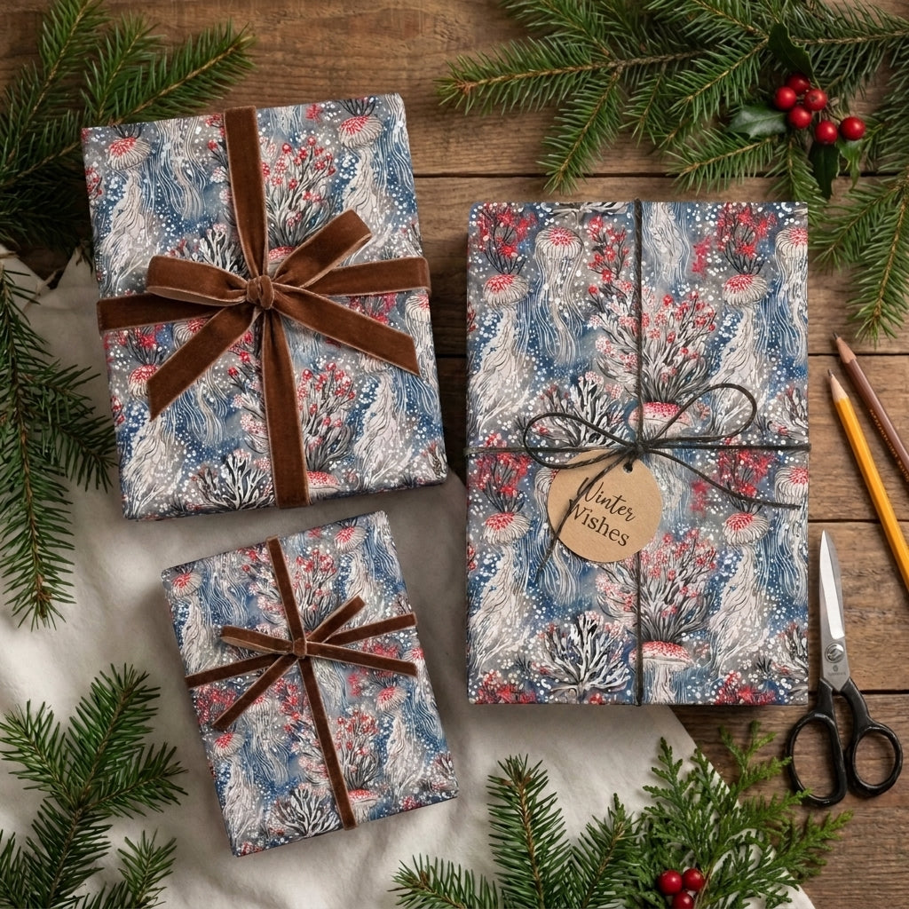 Whimsical blue Christmas gift wrap with velvet ribbons on rustic wood background, by Wrapped Studios.
