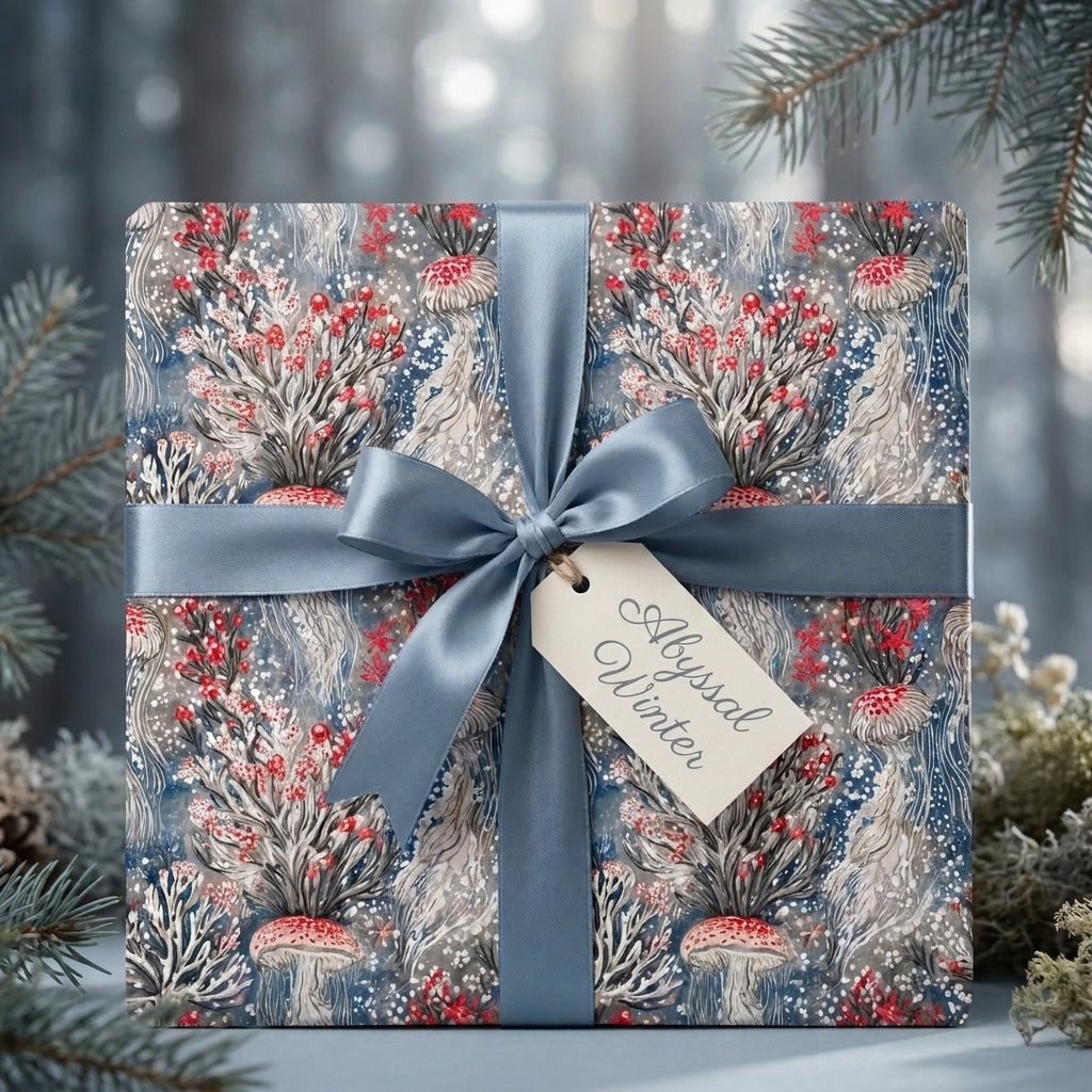 Whimsical winter wrapping paper with a blue mushroom pattern and satin ribbon bow by Wrapped Studios.