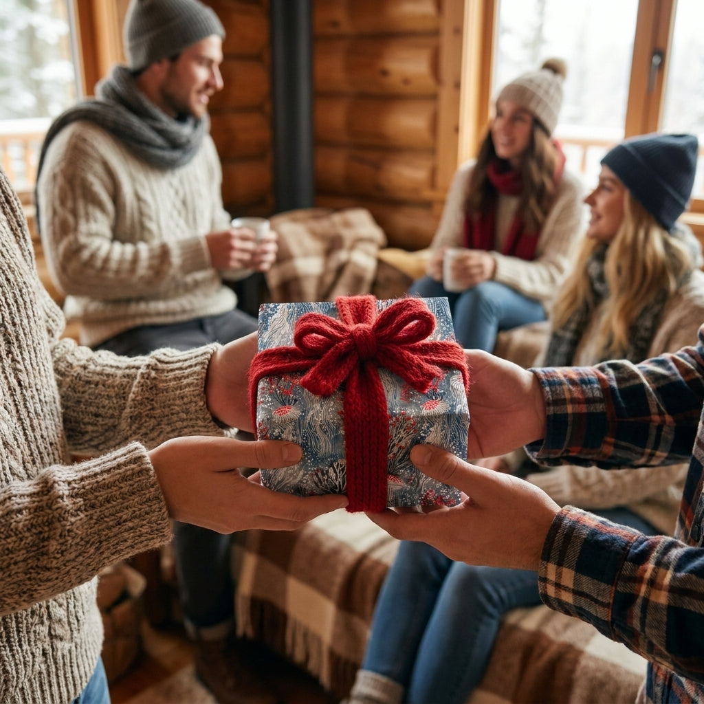 Rustic Christmas gift wrap with a red knit bow on a present being exchanged, by Wrapped Studios.