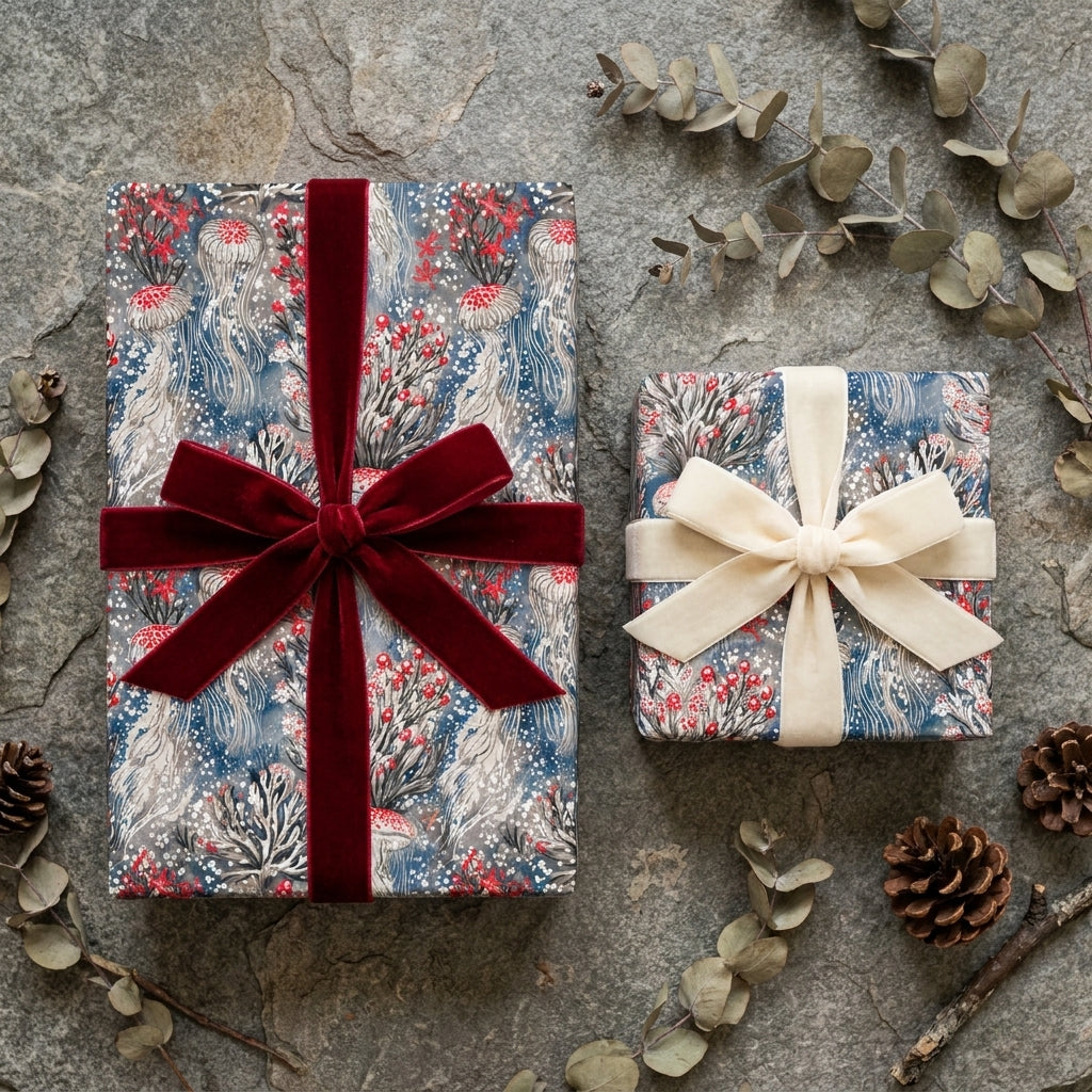 Luxury holiday wrapping paper with red and cream velvet bows, pinecones on stone by Wrapped Studios.