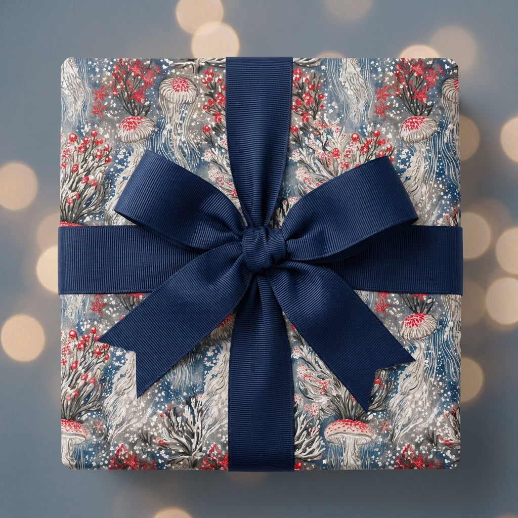 Luxury whimsical jellyfish wrapping paper with a navy blue bow, Wrapped Studios.