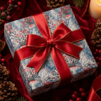 Luxury Christmas gift wrap with blue mushroom pattern and red satin bow by Wrapped Studios.