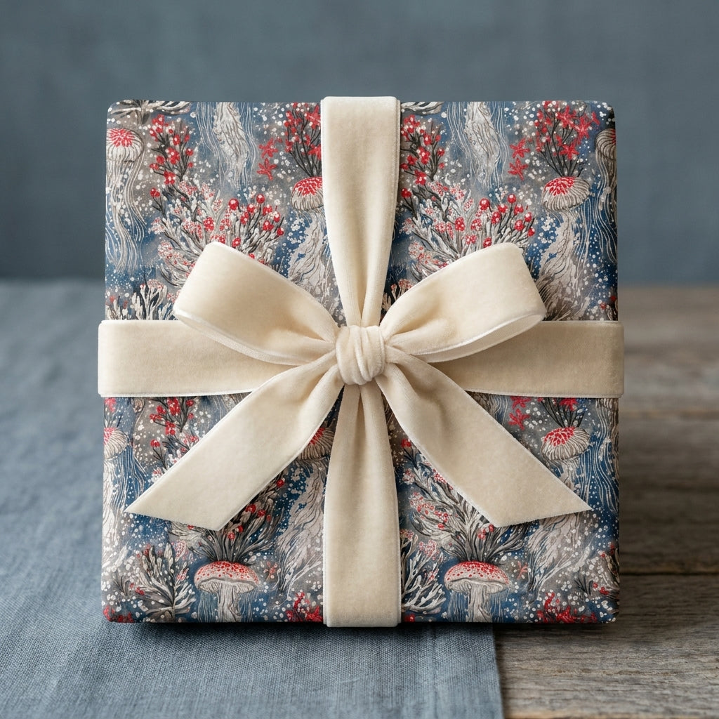 Whimsical luxury gift wrap with jellyfish and mushroom pattern and cream velvet bow by Wrapped Studios.