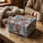 Rustic blue and red botanical Christmas gift wrap with twine bow by Wrapped Studios.