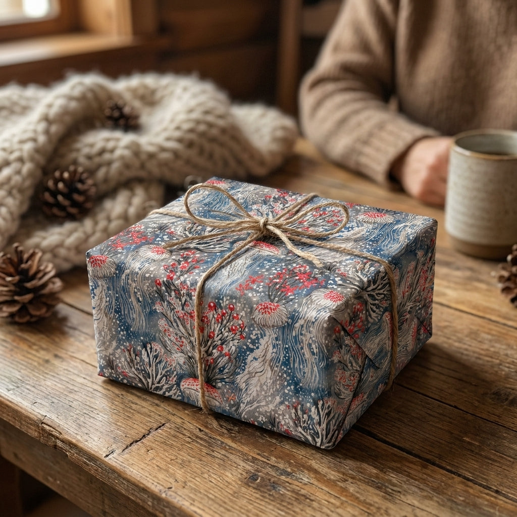 Rustic blue and red botanical Christmas gift wrap with twine bow by Wrapped Studios.