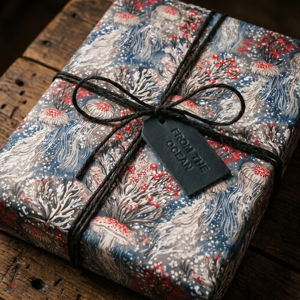Coastal jellyfish wrapping paper on a gift tied with twine and 'From the Ocean' tag, by Wrapped Studios.