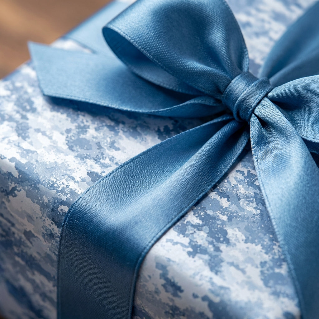 Close-up of a gift wrapped in stylish blue & white abstract paper with a matching satin ribbon bow.