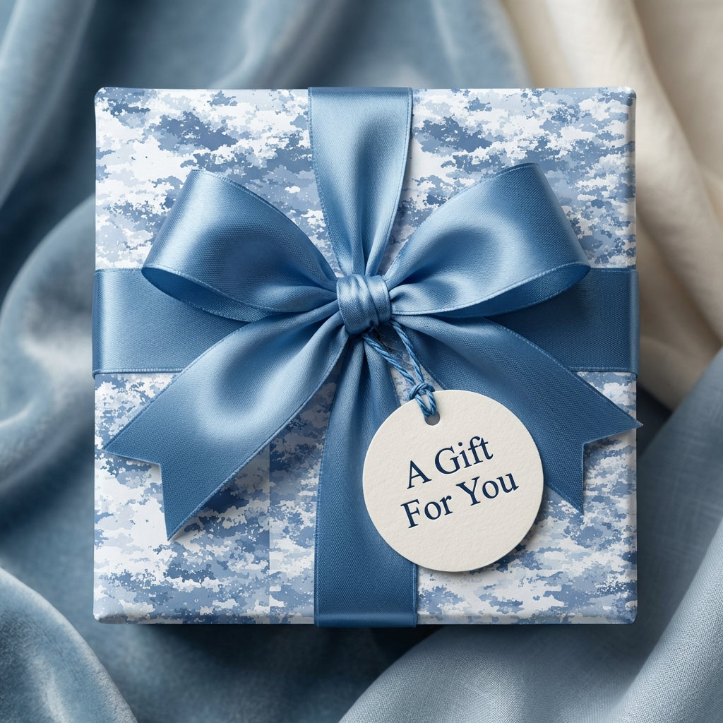 Blue watercolor wrapping paper with a satin bow and "A Gift For You" tag.
