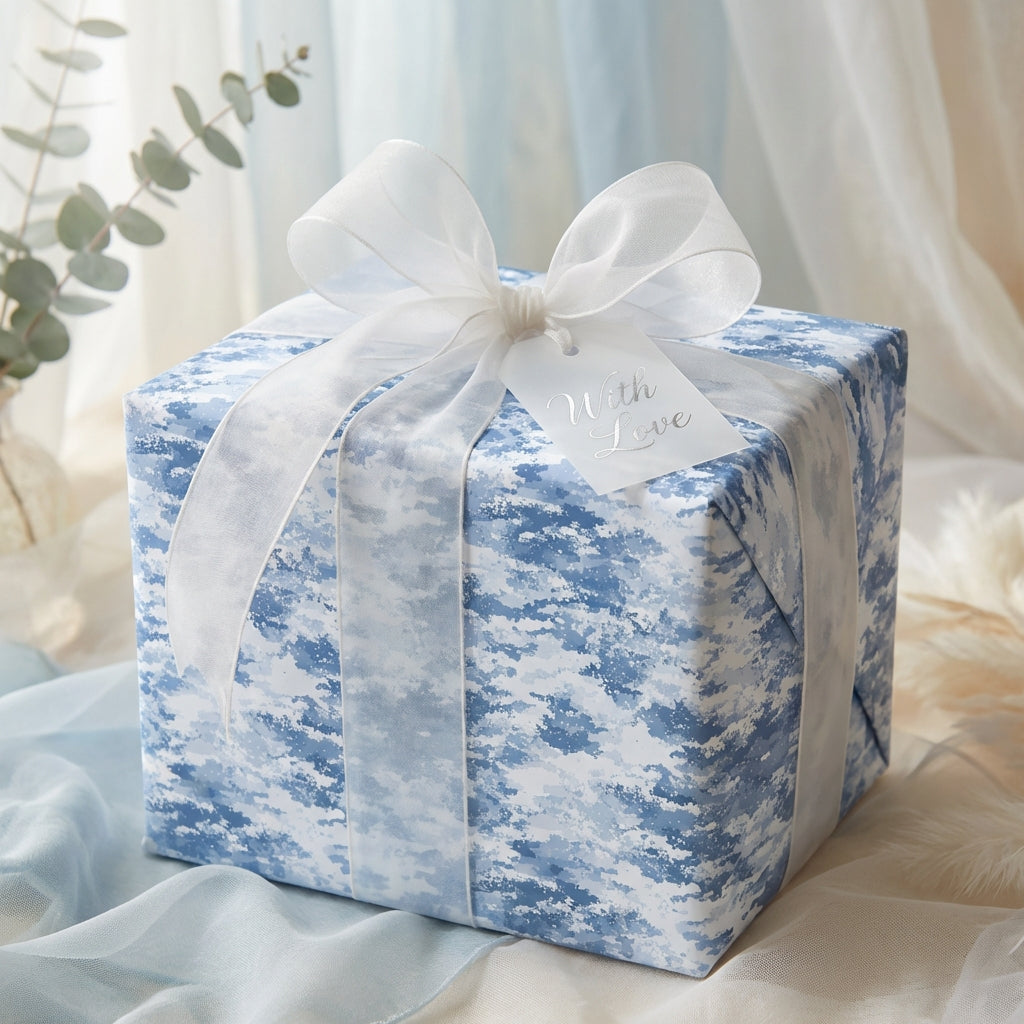 Elegant gift wrapped in blue abstract-patterned paper, adorned with a sheer white ribbon and "With Love" tag.