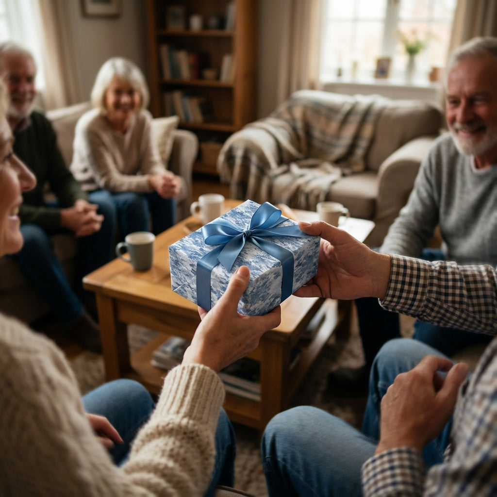 Hands exchanging a gift wrapped in blue and white marbled wrapping paper with a blue satin ribbon, surrounded by family.