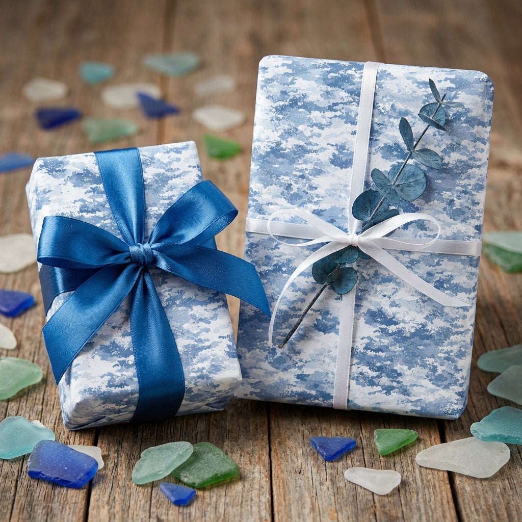 Two gifts wrapped in blue patterned wrapping paper, one with a blue ribbon, the other with white ribbon and blue eucalyptus.