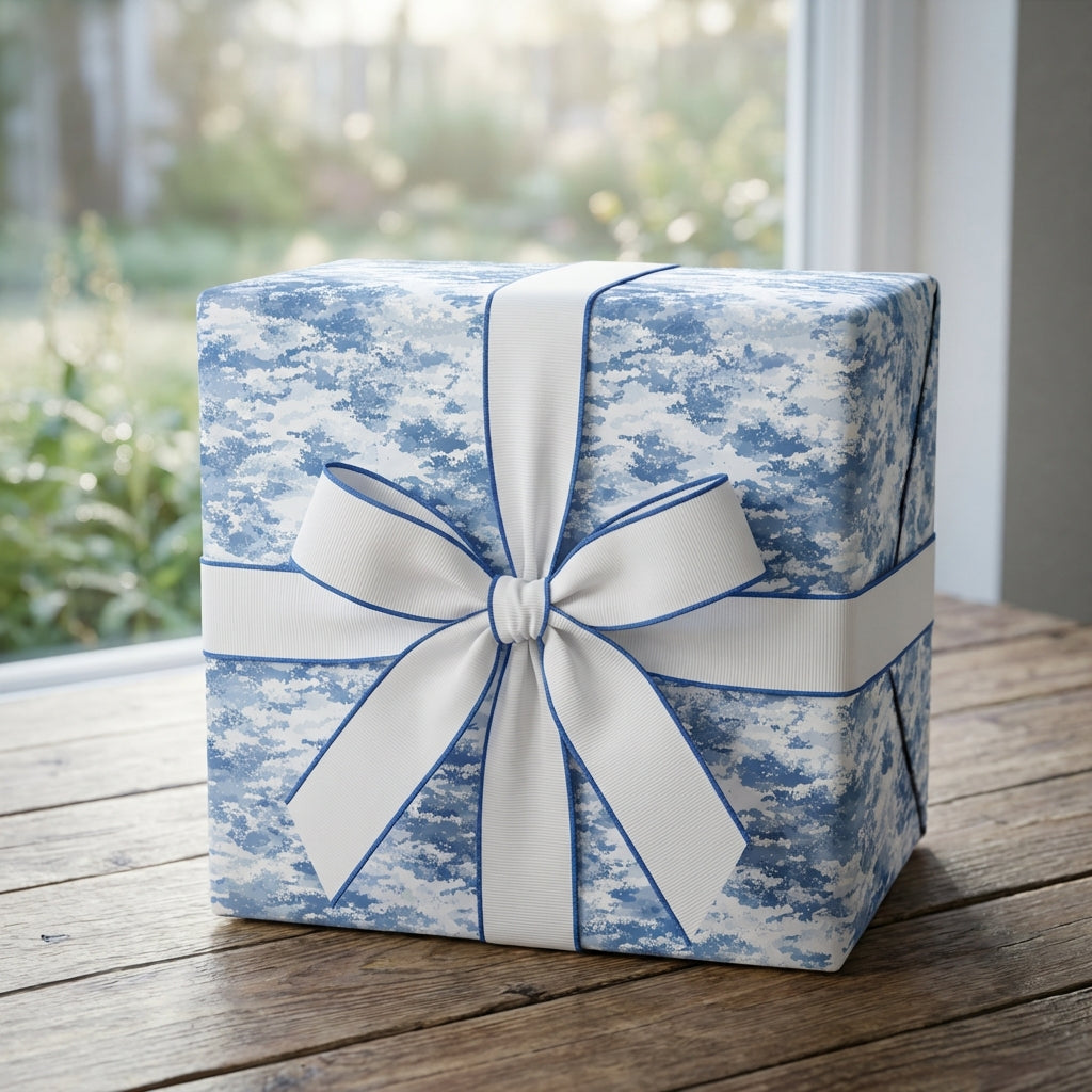 Elegant gift wrapped in blue watercolor pattern wrapping paper with white grosgrain ribbon on rustic wood surface.