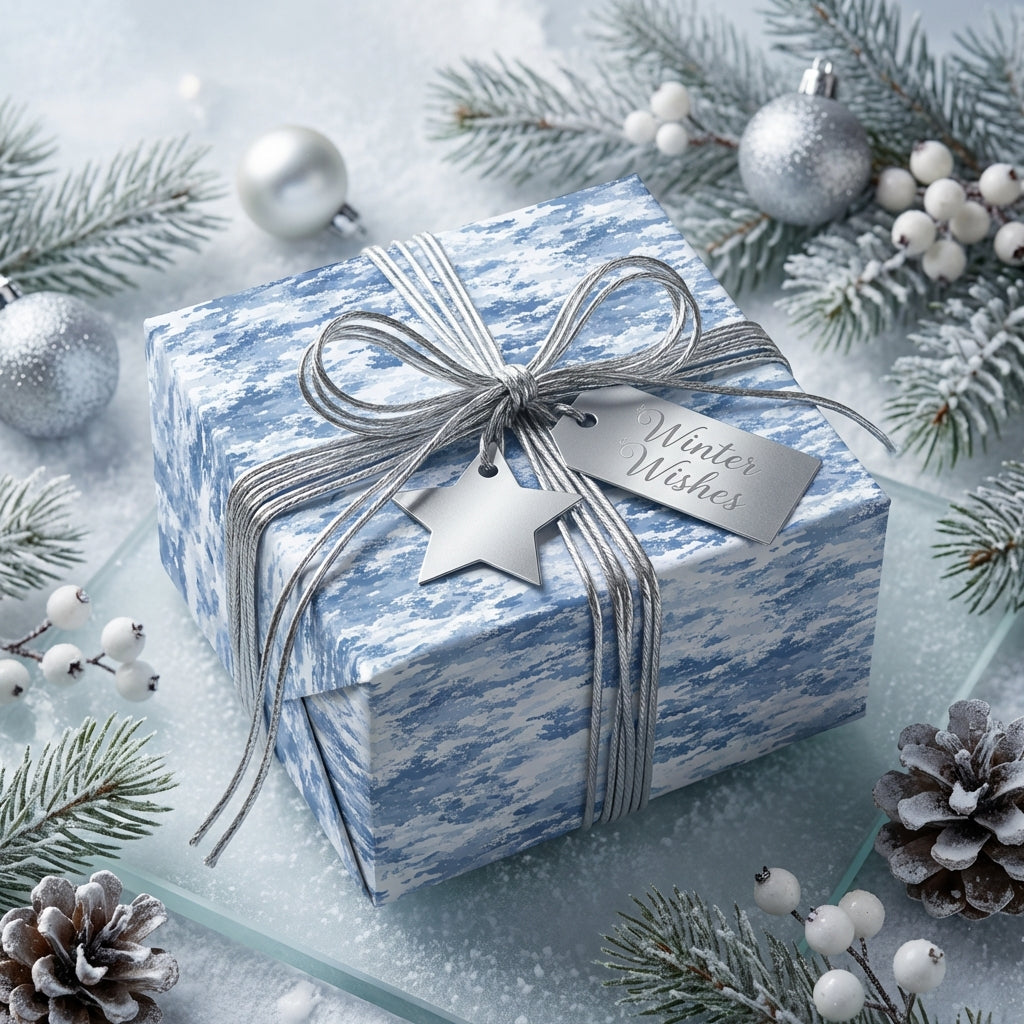 Elegant blue and white Christmas gift wrap with silver ribbon and "Winter Wishes" tag.