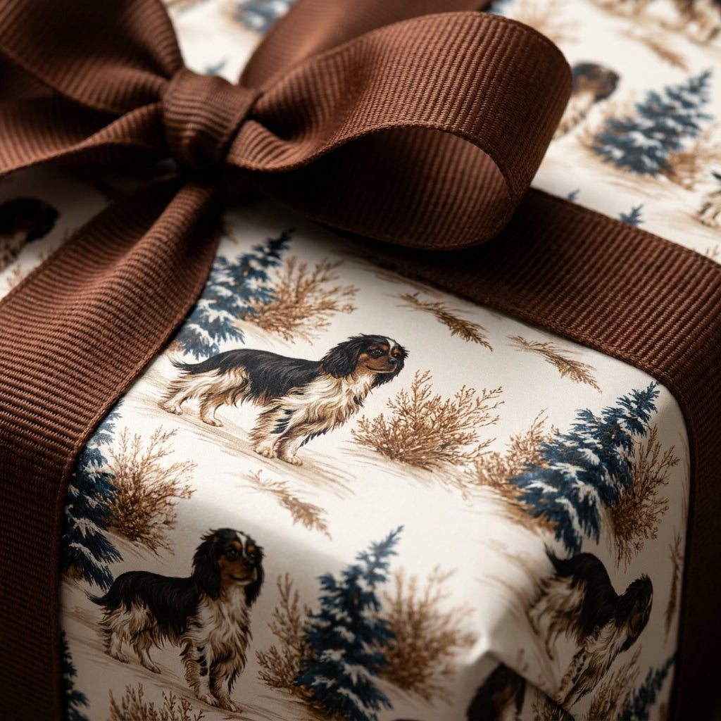 Cavalier King Charles Spaniel dog Christmas wrapping paper with a brown bow by Wrapped Studios.