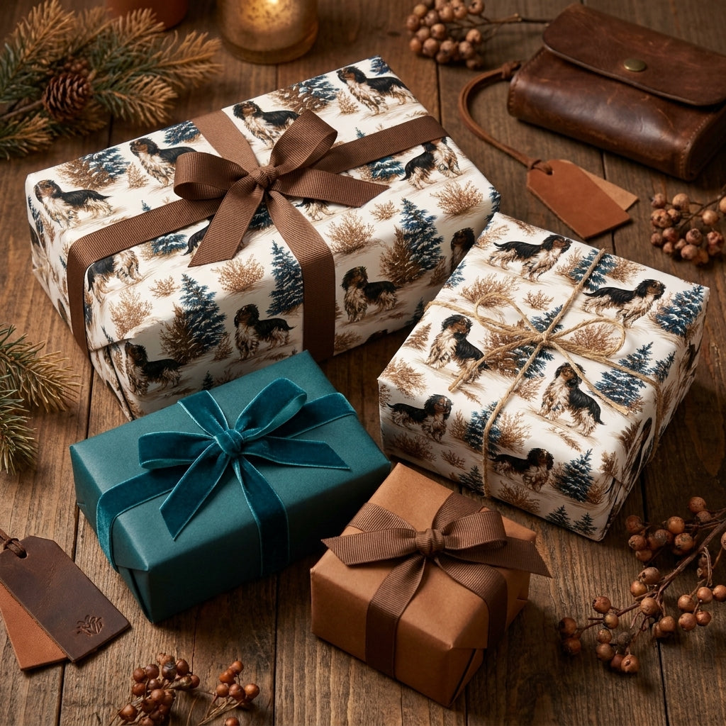 Dog wrapping paper featuring winter spaniels in a forest scene on holiday gifts by Wrapped Studios.
