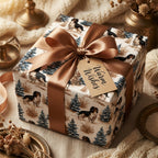 Spaniel Christmas gift wrap with a brown satin bow on a cozy holiday present by Wrapped Studios.