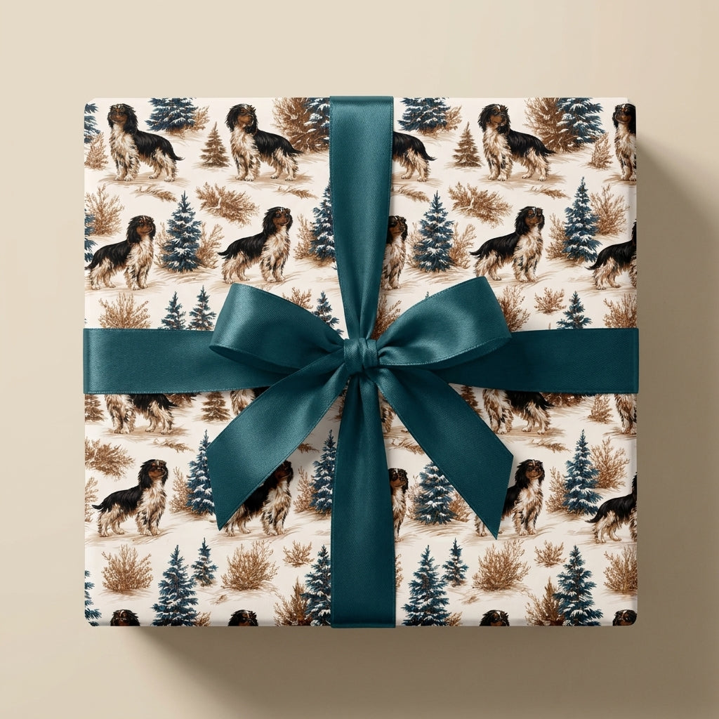 Cavalier King Charles Spaniel Christmas wrapping paper with a teal bow by Wrapped Studios.