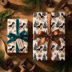 Dog Christmas wrapping paper with spaniels, teal velvet ribbon, and rustic pine decor by Wrapped Studios.
