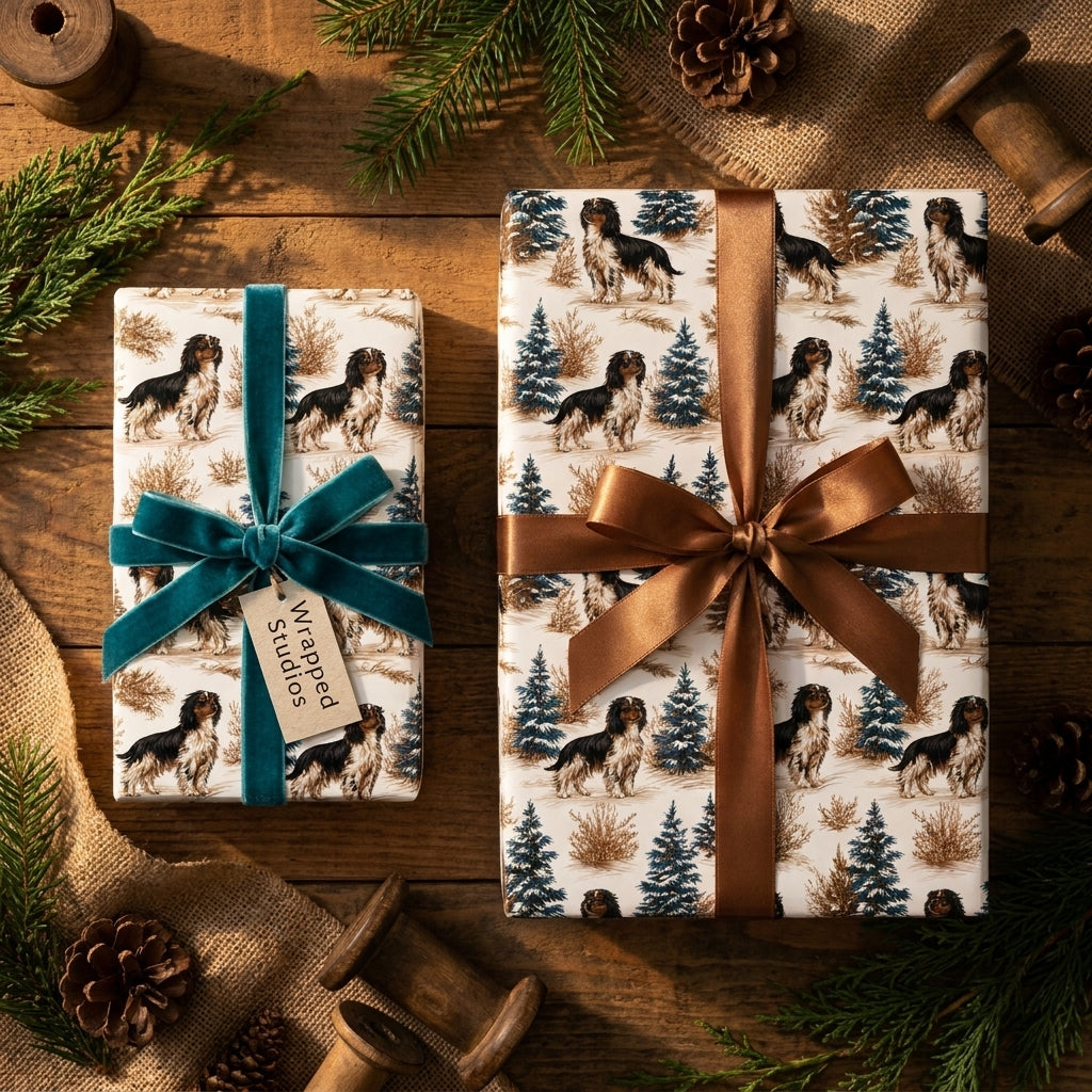 Dog Christmas wrapping paper with spaniels, teal velvet ribbon, and rustic pine decor by Wrapped Studios.