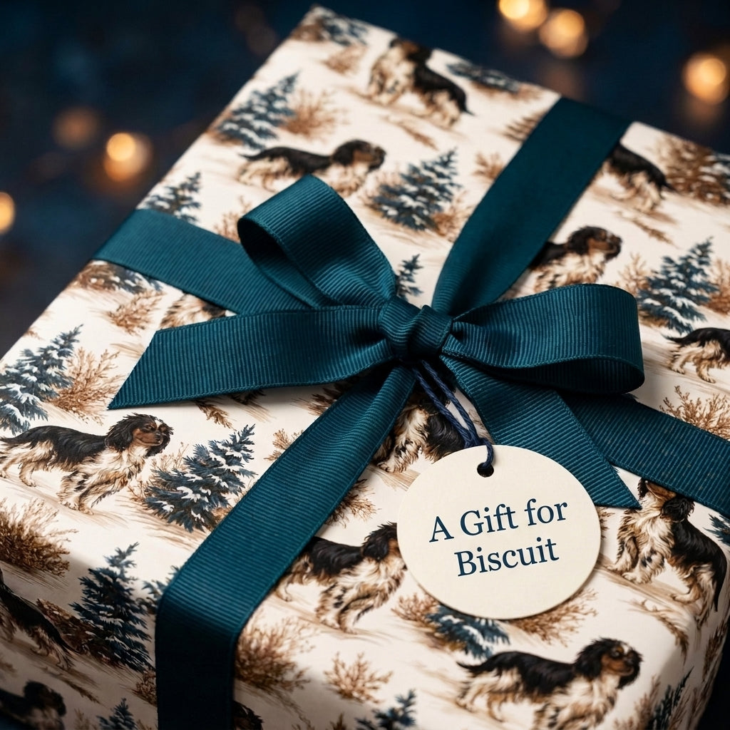 Dog Christmas wrapping paper with Cavalier King Charles Spaniel print and teal ribbon by Wrapped Studios.