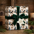 Dog Christmas wrapping paper with green velvet ribbon and Merry Christmas tag by Wrapped Studios.