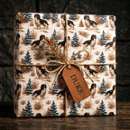 Rustic Cavalier King Charles Spaniel dog wrapping paper with a winter forest pattern, by Wrapped Studios.
