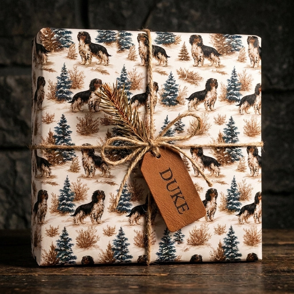 Rustic Cavalier King Charles Spaniel dog wrapping paper with a winter forest pattern, by Wrapped Studios.