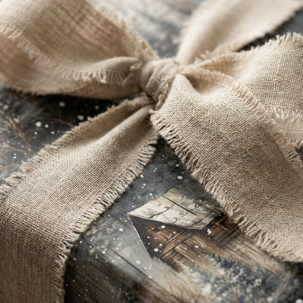 Rustic Christmas gift wrap with frayed linen bow and snowy cabin design, Wrapped Studios.