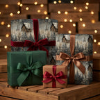 Cabin in the woods Christmas wrapping paper with velvet ribbon bows by Wrapped Studios.