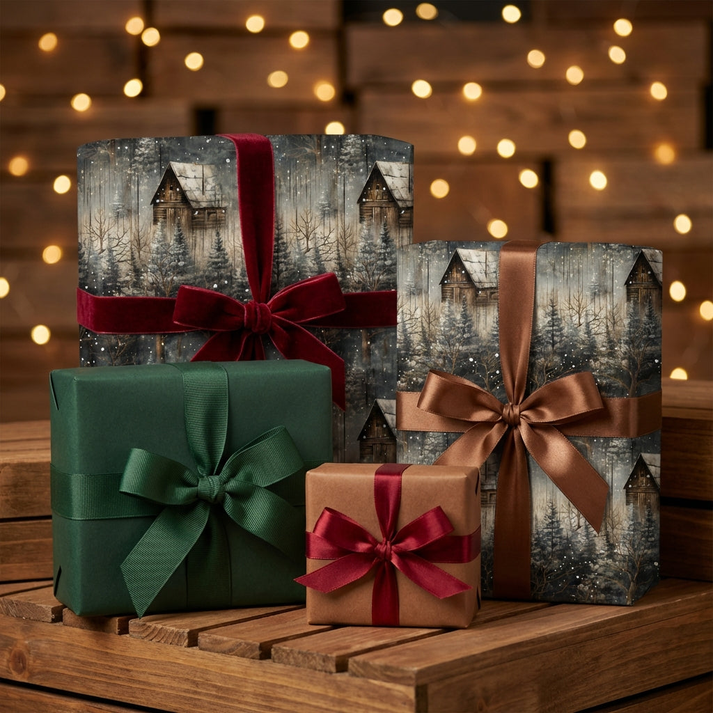 Cabin in the woods Christmas wrapping paper with velvet ribbon bows by Wrapped Studios.