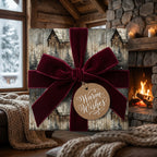 Rustic Christmas gift wrap with cabin scene, burgundy velvet bow, and “Warm Wishes” tag. Wrapped Studios.