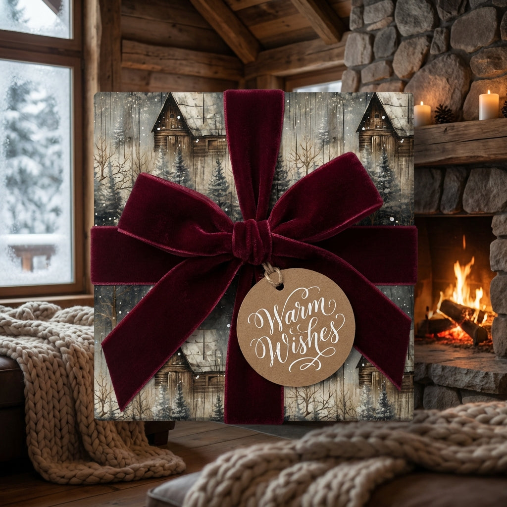 Rustic Christmas gift wrap with cabin scene, burgundy velvet bow, and “Warm Wishes” tag. Wrapped Studios.