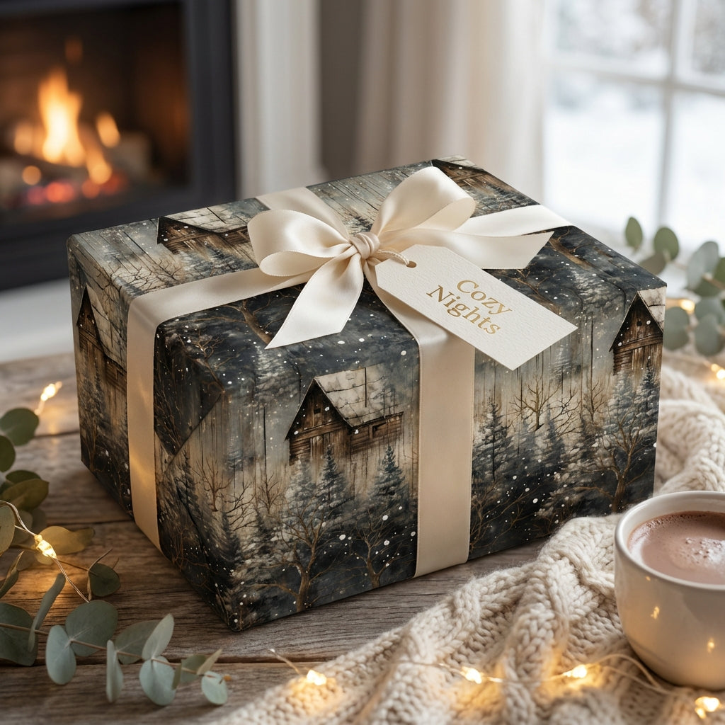Cozy gift wrapped in rustic winter cabin wrapping paper with ribbon and tag.