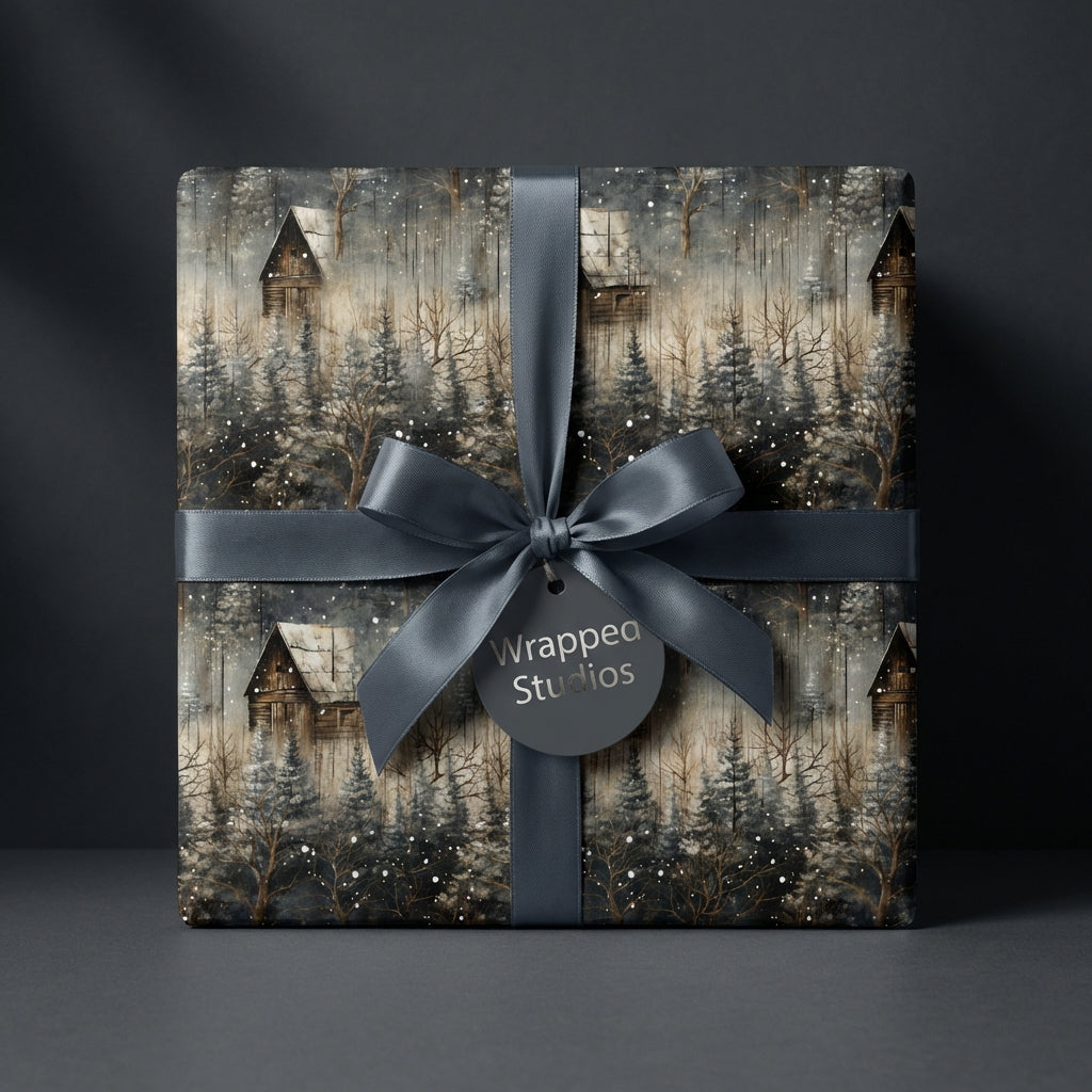 Wrapped Studios rustic Christmas gift wrap with snowy woods scene and gray ribbon.
