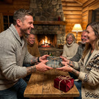 Family exchanging rustic Christmas gift wrap with twine bows near a cozy fireplace.