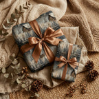Winter cabin gift wrap with bronze ribbon, styled on neutral blankets with pinecone accents.
