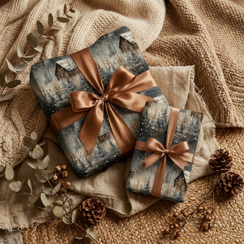 Winter cabin gift wrap with bronze ribbon, styled on neutral blankets with pinecone accents.