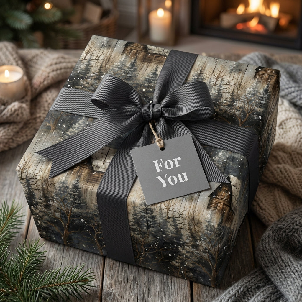Rustic Christmas gift wrap with gray ribbon, winter cabin and pine tree design. "For You" tag attached.