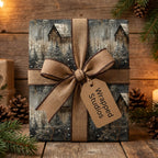 Wrapped Studios: Rustic Christmas gift wrap with a winter cabin scene and burlap ribbon.