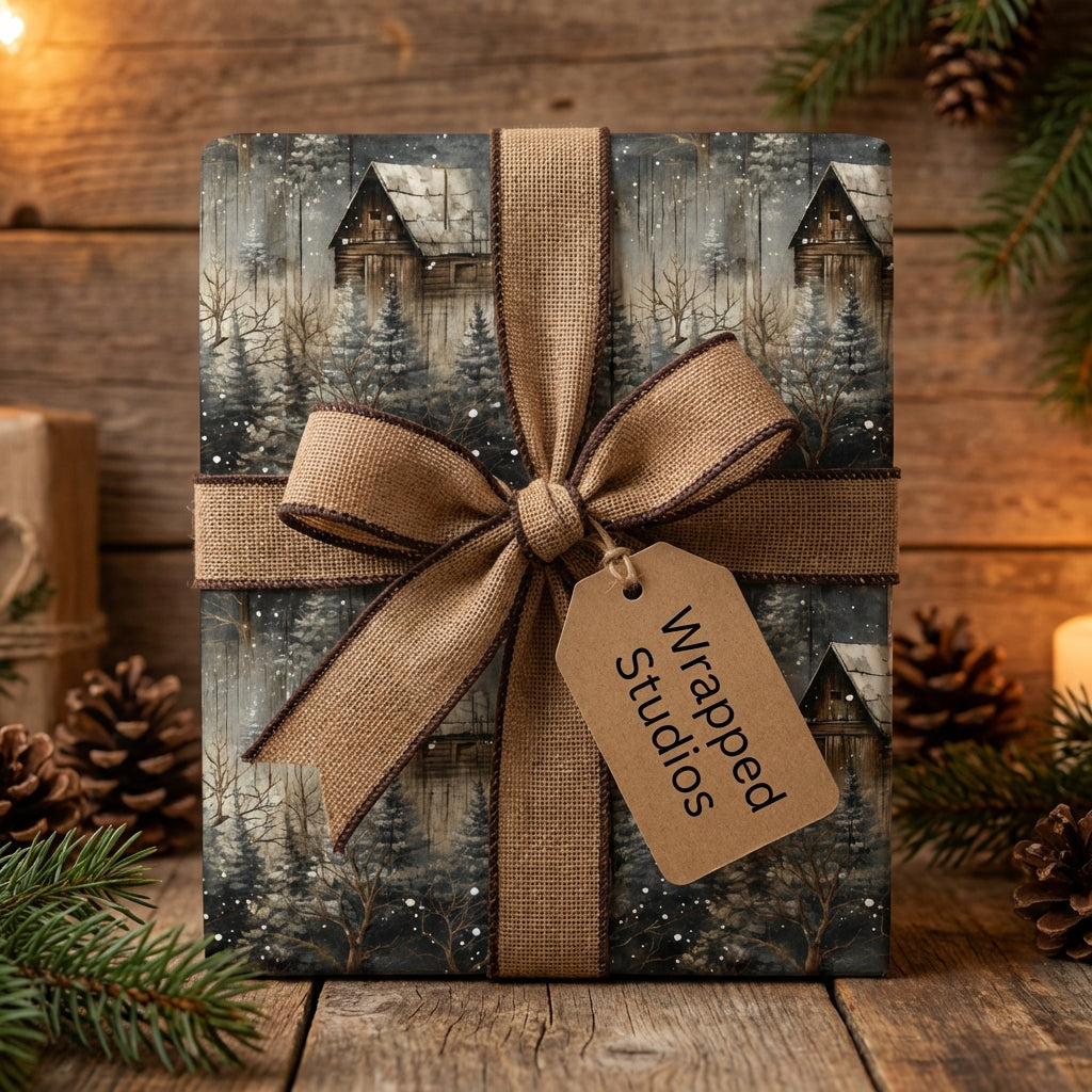 Wrapped Studios: Rustic Christmas gift wrap with a winter cabin scene and burlap ribbon.